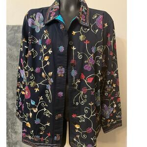 VTG Quacker Factory Women’s L Beaded Embroidered Black Colorful Jacket 90s Boho